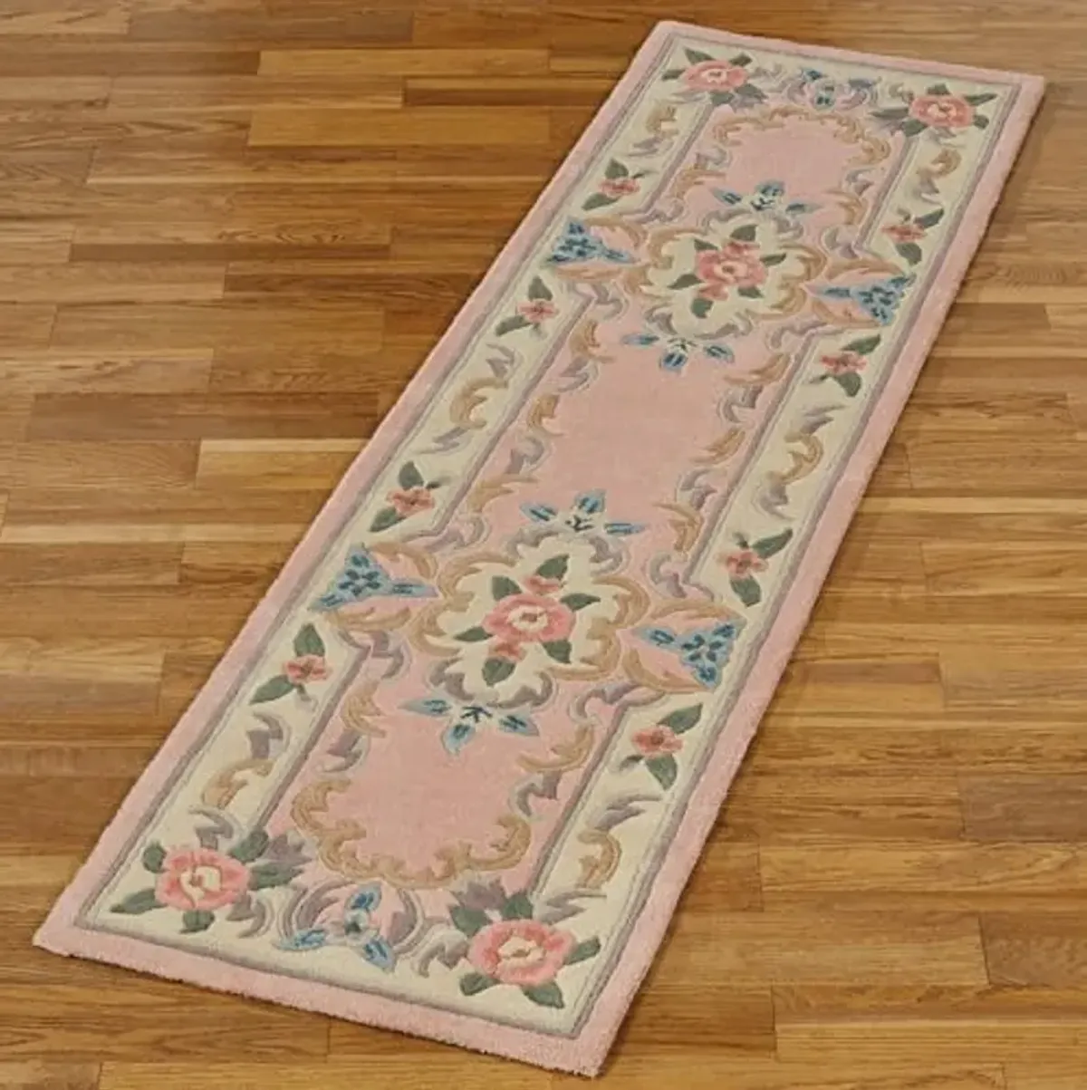 Traditional Floral Serena Aubusson II Runner Rug | 2 feet x 7 feet 6 inches | Soft Rose Pink | Handcarved, Hand-tufted, Luster Washed, Thick Pure Wool Rectangle Runner with Flowers and Grand Frames