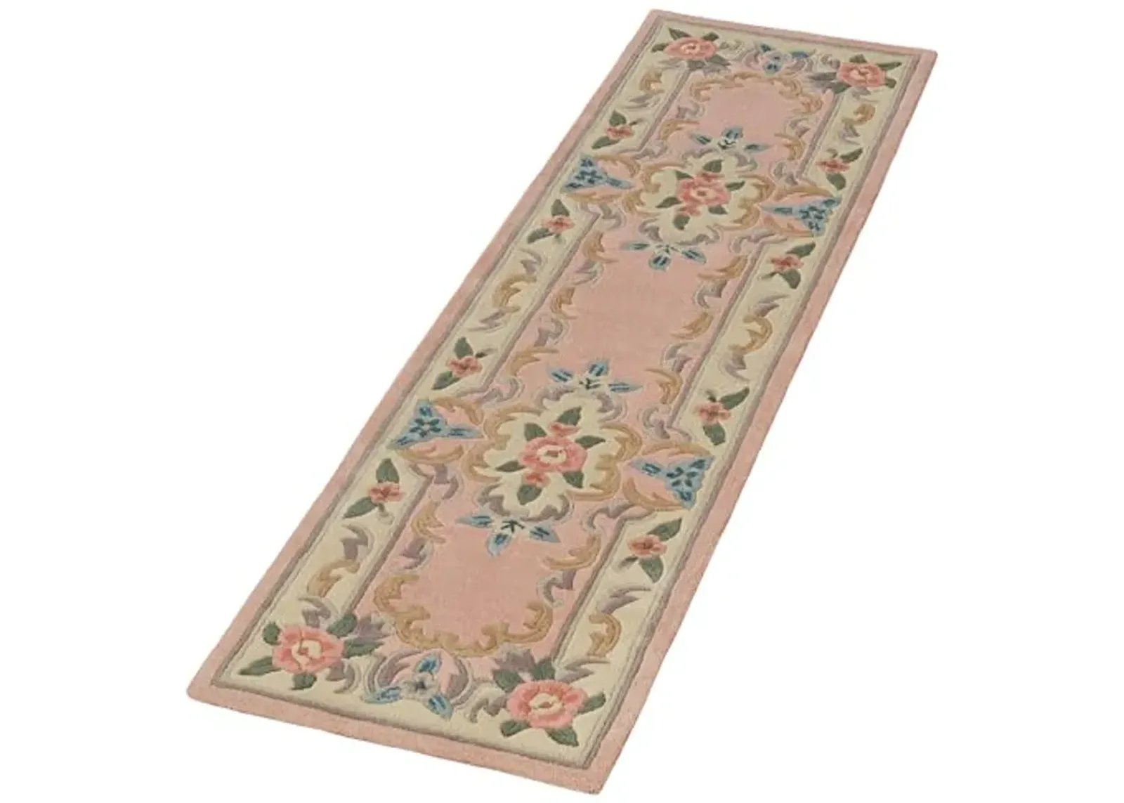 Traditional Floral Serena Aubusson II Runner Rug | 2 feet x 7 feet 6 inches | Soft Rose Pink | Handcarved, Hand-tufted, Luster Washed, Thick Pure Wool Rectangle Runner with Flowers and Grand Frames