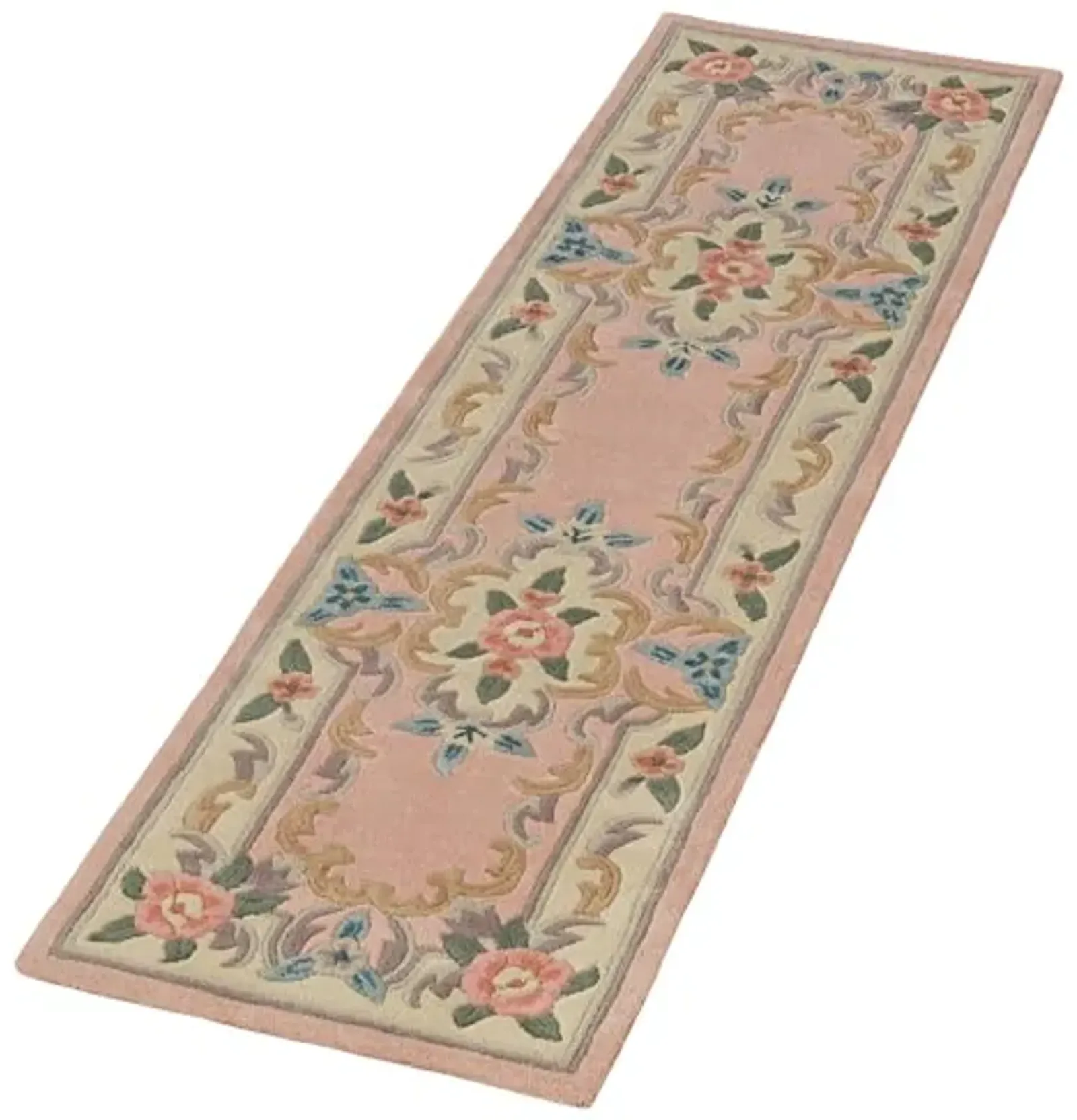 Traditional Floral Serena Aubusson II Runner Rug | 2 feet x 7 feet 6 inches | Soft Rose Pink | Handcarved, Hand-tufted, Luster Washed, Thick Pure Wool Rectangle Runner with Flowers and Grand Frames