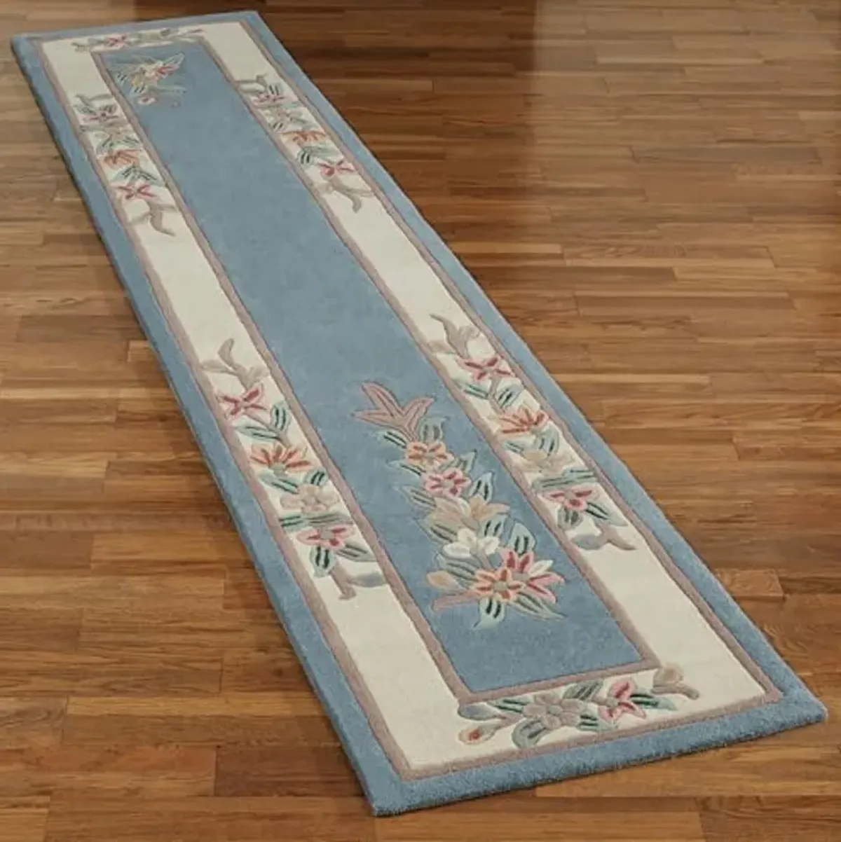 Touch of Class Elegant Corner Floral II Runner Rug | Palace Blue | 2 feet 3 inches x 11 feet | Handcarved, Hand-Tufted, Luster Washed, Thick Pure Wool Rectangle Runner with Traditional Flowers