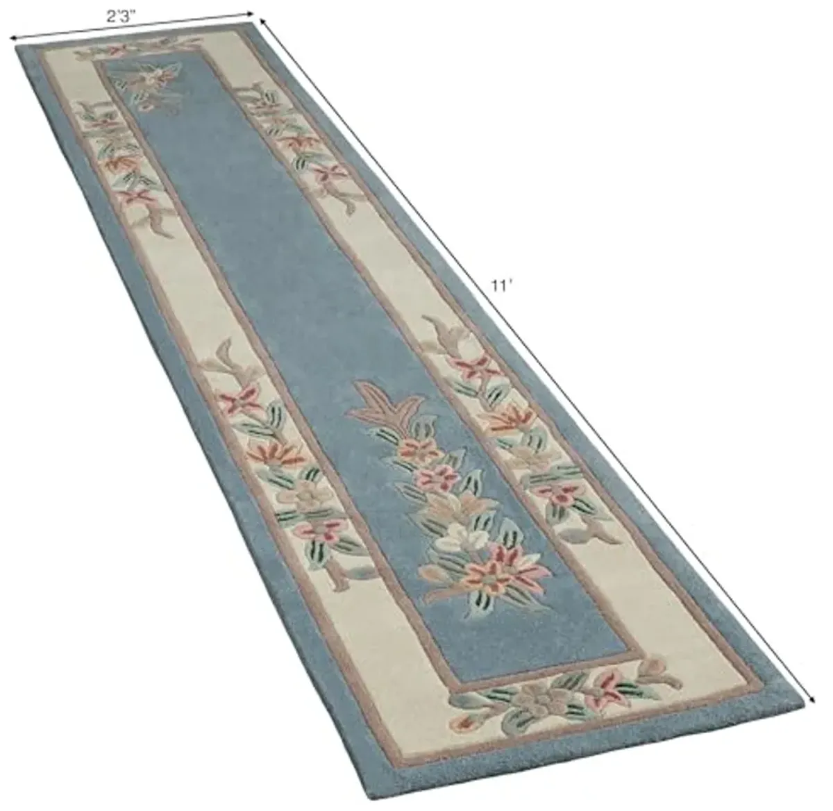 Touch of Class Elegant Corner Floral II Runner Rug | Palace Blue | 2 feet 3 inches x 11 feet | Handcarved, Hand-Tufted, Luster Washed, Thick Pure Wool Rectangle Runner with Traditional Flowers