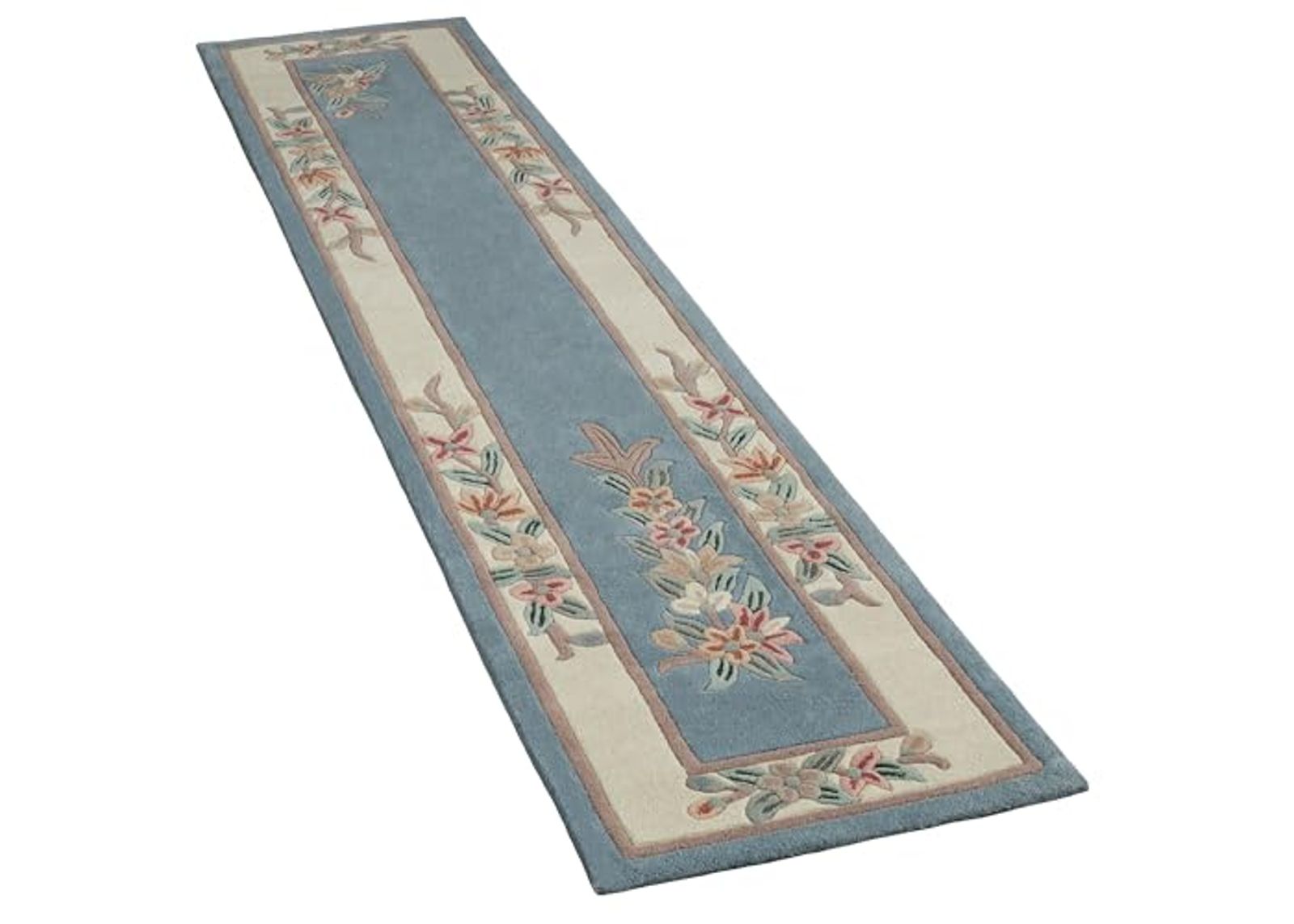 Touch of Class Elegant Corner Floral II Runner Rug | Palace Blue | 2 feet 3 inches x 11 feet | Handcarved, Hand-Tufted, Luster Washed, Thick Pure Wool Rectangle Runner with Traditional Flowers