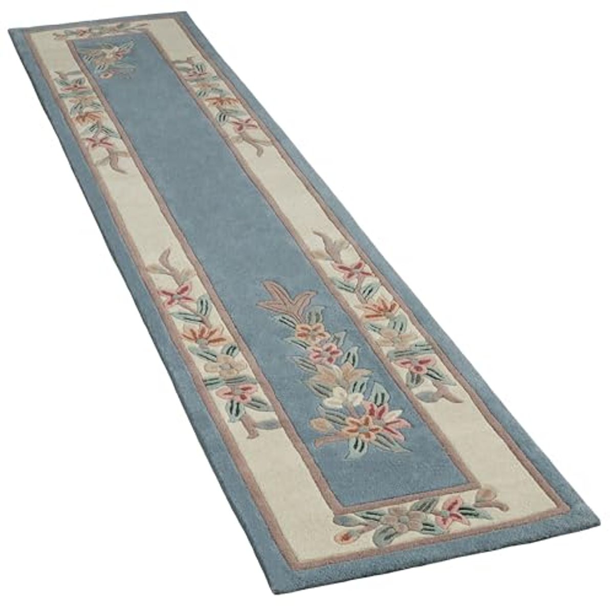 Touch of Class Elegant Corner Floral II Runner Rug | Palace Blue | 2 feet 3 inches x 11 feet | Handcarved, Hand-Tufted, Luster Washed, Thick Pure Wool Rectangle Runner with Traditional Flowers