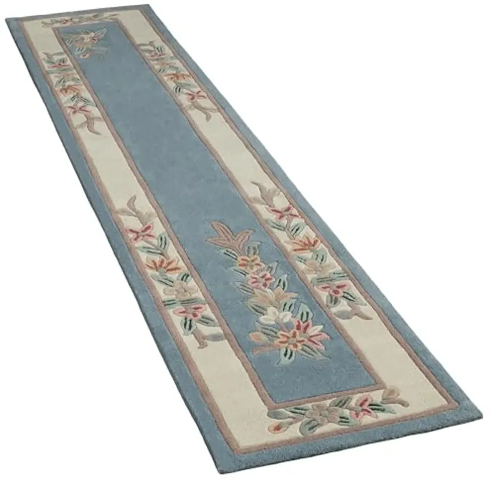 Touch of Class Elegant Corner Floral II Runner Rug | Palace Blue | 2 feet 3 inches x 11 feet | Handcarved, Hand-Tufted, Luster Washed, Thick Pure Wool Rectangle Runner with Traditional Flowers