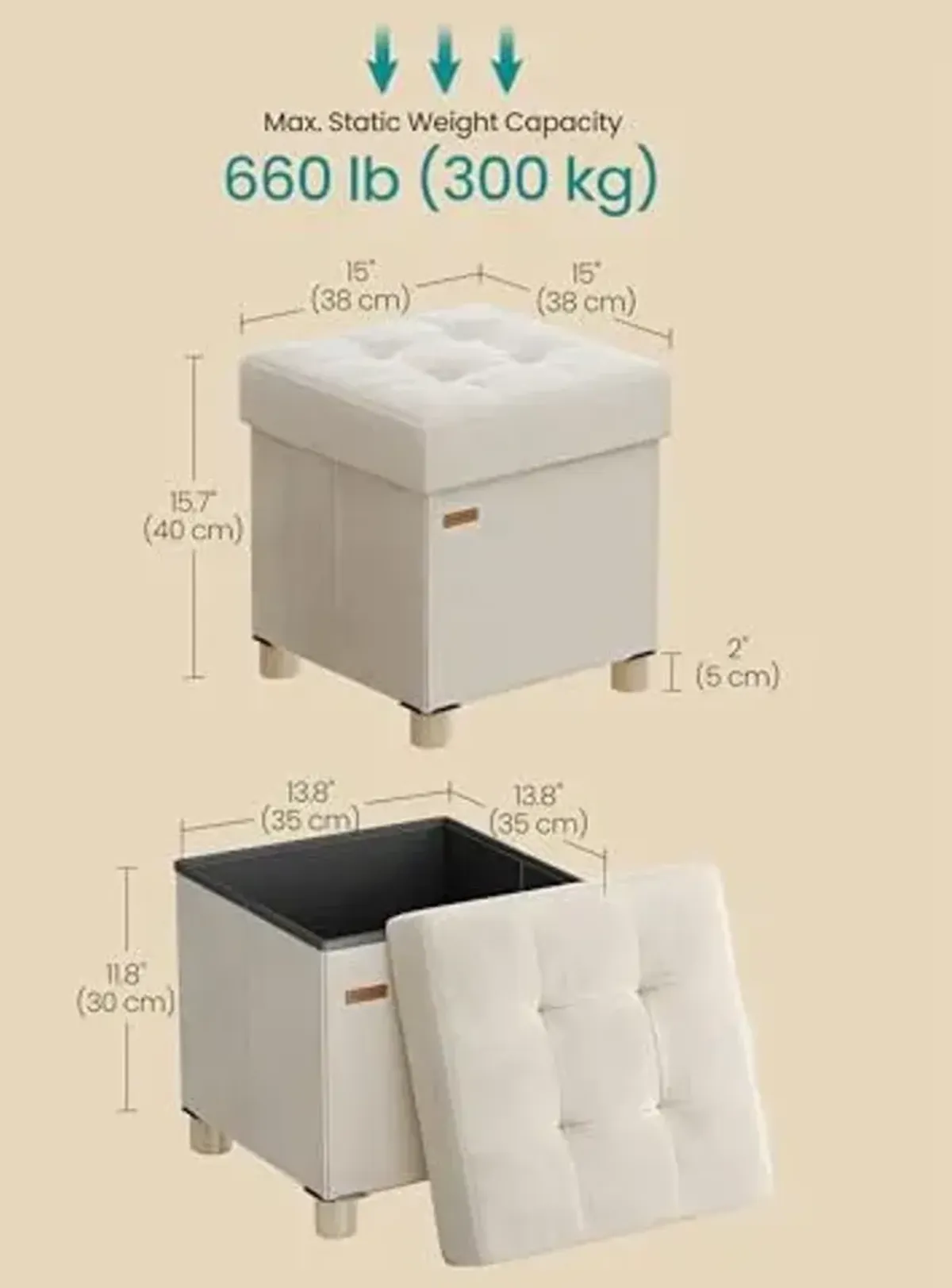 SONGMICS Small Storage Ottoman, Folding Ottoman Cube, 15 x 15 x 15.7 Inches, Footstool, Footrest, 9.8 Gal. (37 L), Velvet Surface, for Bedroom, Living Room, Dorm, Cappuccino Beige ULSF0516W02