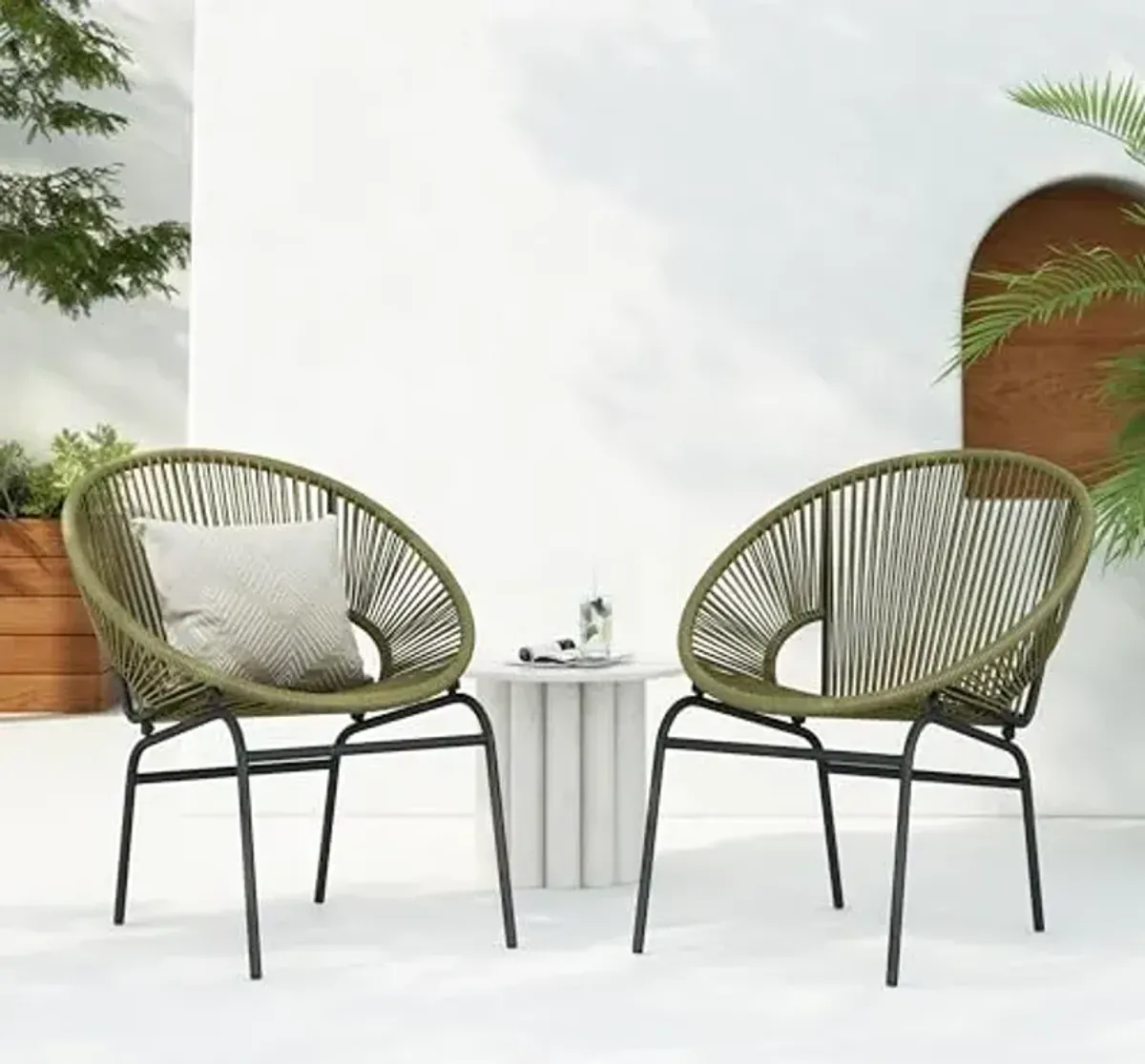 Christopher Knight Home Outdoor Wicker Club Chairs Set of 2, Iron Frame Papasan Chairs for Patio Furniture Set, Poolside Garden Comfy Sofa Set, Green