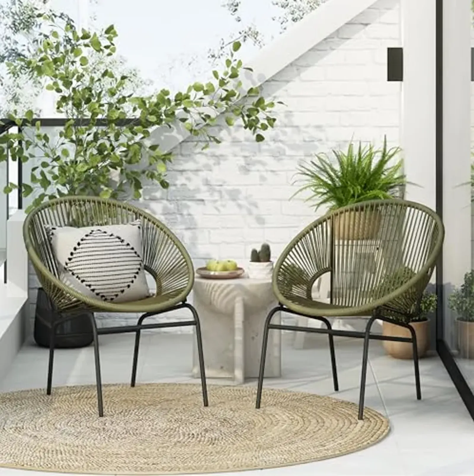 Christopher Knight Home Outdoor Wicker Chairs Set of 2, Weave Club Chairs, Round Basket Woven Seating Chairs, Iron Frame Durable Legs, Rattan Club Chairs for Patio Balcony, Poolside, Gardern, Green