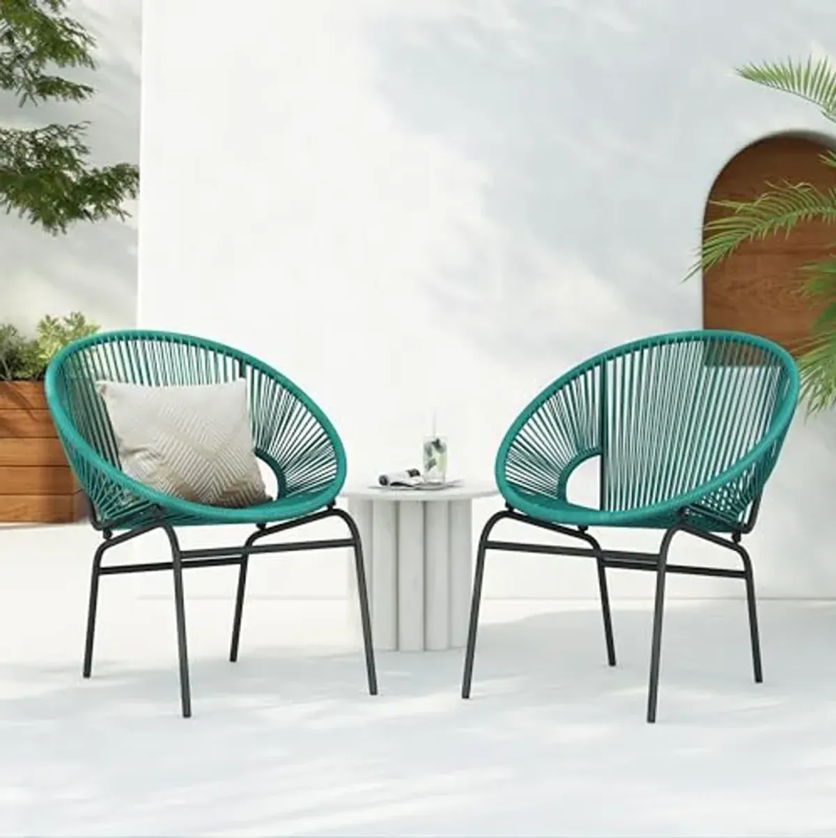 Christopher Knight Home Outdoor Wicker Chairs Set of 2, Weave Club Chairs, Round Basket Woven Seating Chairs, Iron Frame Durable Legs, Rattan Club Chairs for Patio Balcony, Poolside, Gardern, Teal