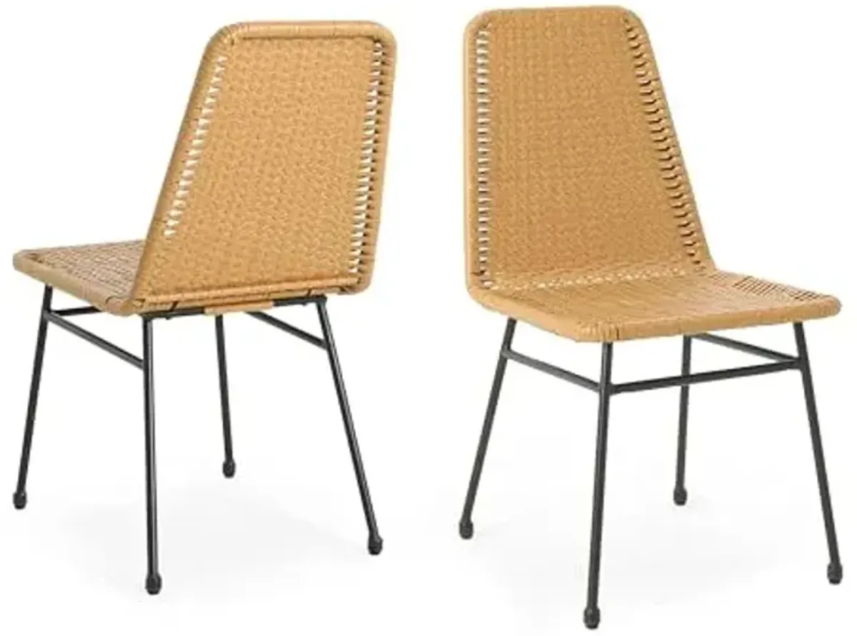 Christopher Knight Home Woven Dining Chairs Set of 2, Rattan Backrest Chairs, Iron Frame Legs Kitchen Chairs, Basket Dining Chairs, Wicker Seating Chairs for Garden, Balcony, Dining Room, Light Brown