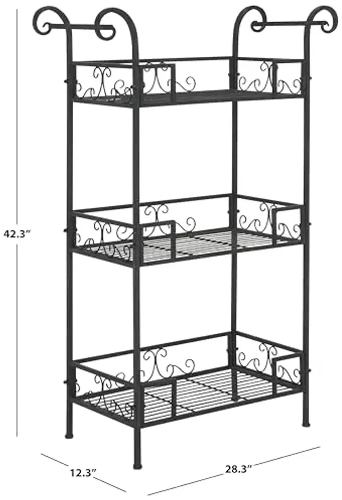SAFAVIEH Outdoor Collection Noreen Victorian Scroll Antique Black Iron 3-Tier Shelf