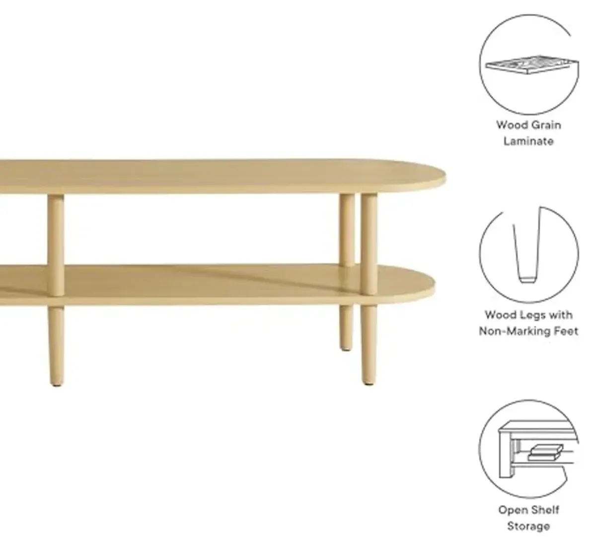 Modway Torus Oval TV Stand with Shelves in Light Oak - 69 Inch Wood Entertainment Center for Living Room - Curved Round Media Console with Open Storage