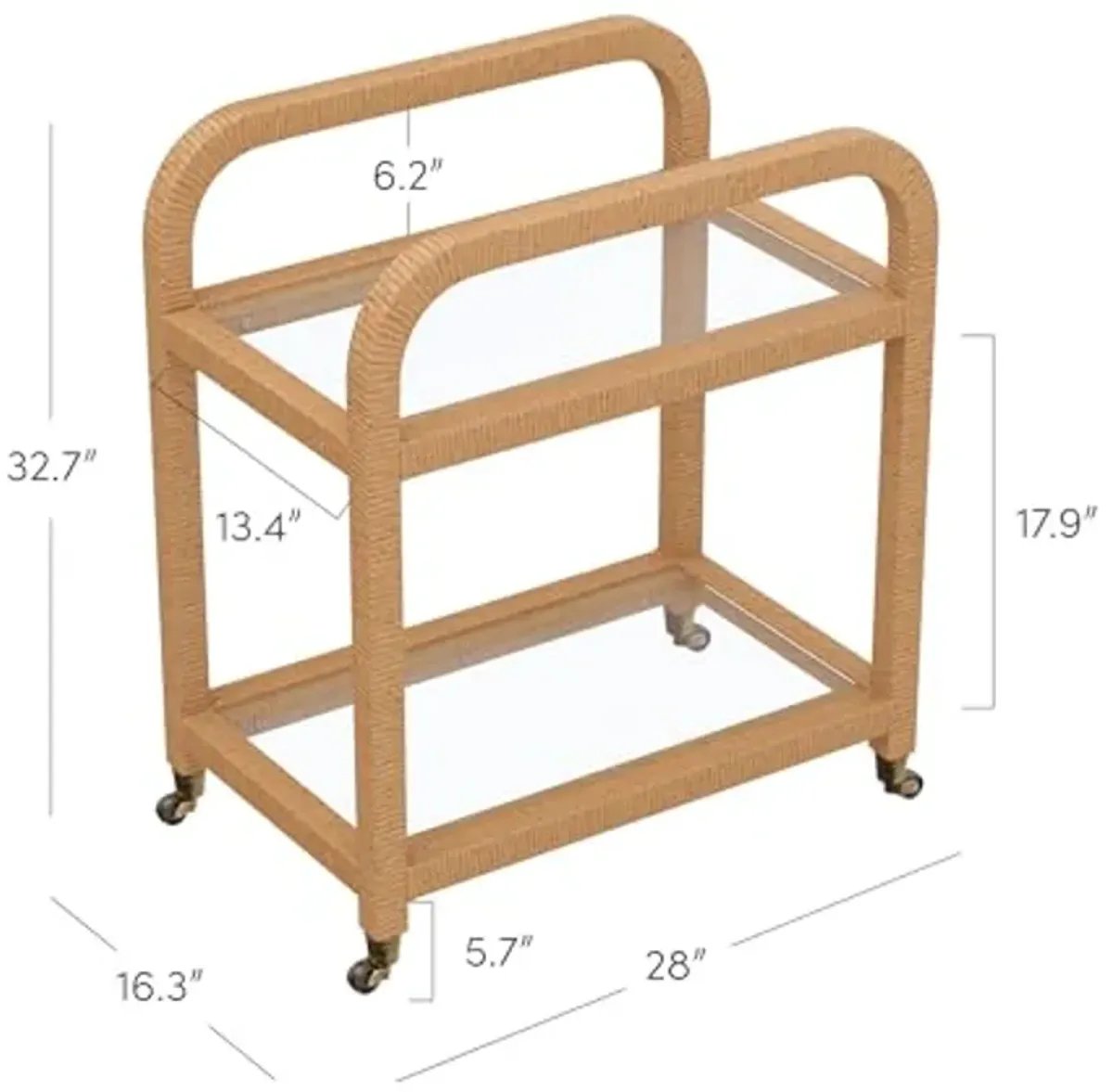 Nathan James Tanner Wood Bar Cart, Rattan Bar Cart with Wheels and Glass Rack, Boho Wicker Serving Cart with Bamboo Rattan Frame