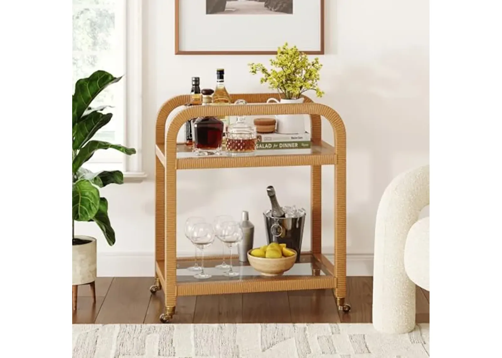 Nathan James Tanner Wood Bar Cart, Rattan Bar Cart with Wheels and Glass Rack, Boho Wicker Serving Cart with Bamboo Rattan Frame