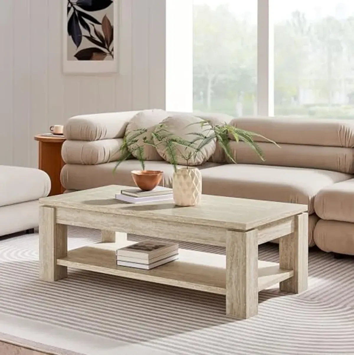 Modway Hollis Rectangular Coffee Table with Faux in Travertine