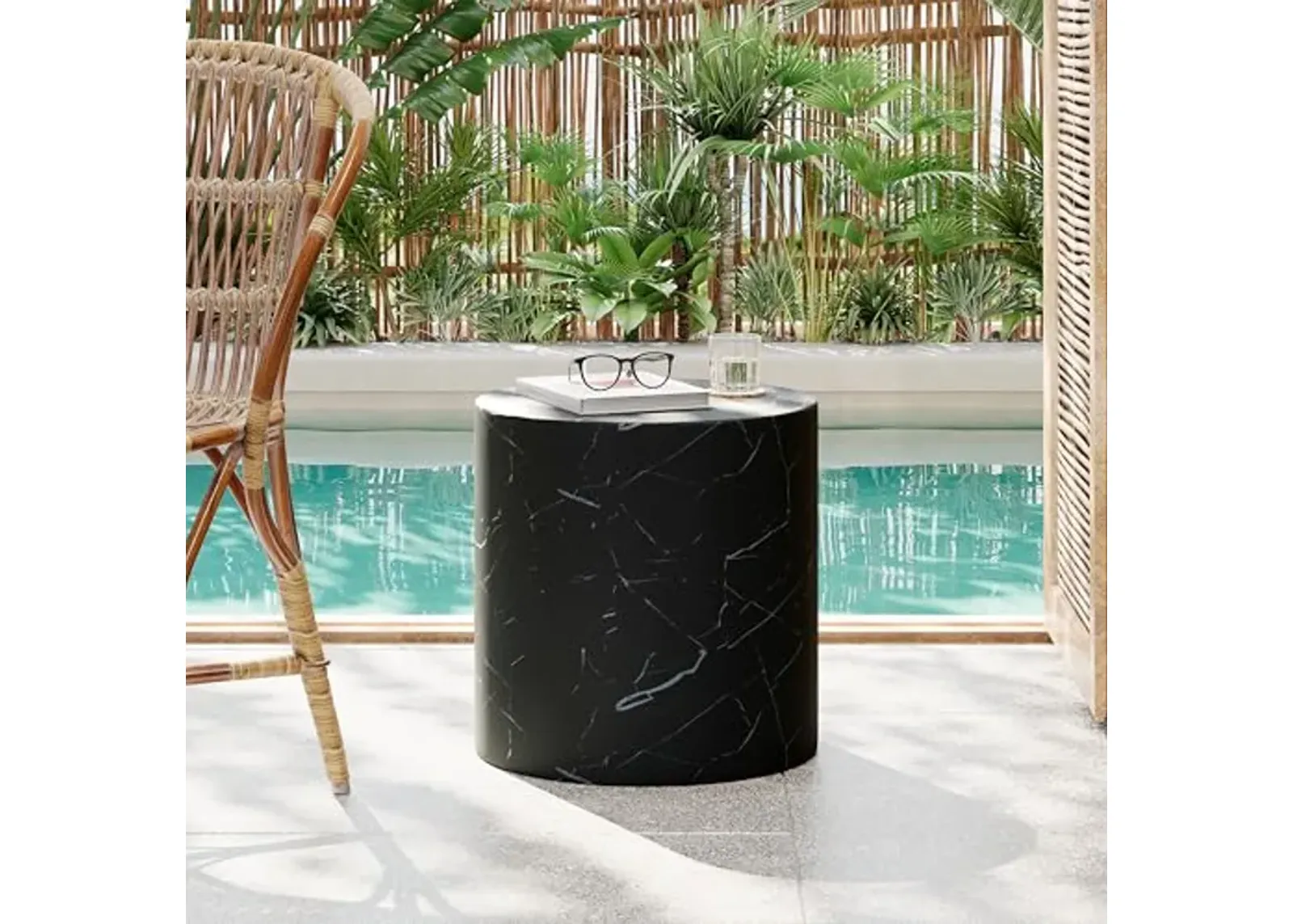 Christopher Knight Home Outdoor Round Side Table,Patio Garden Stool End Coffee Table,Decorative Accent Table for Patio,or Balcony,Lightweight Concrete Material,Black Marble