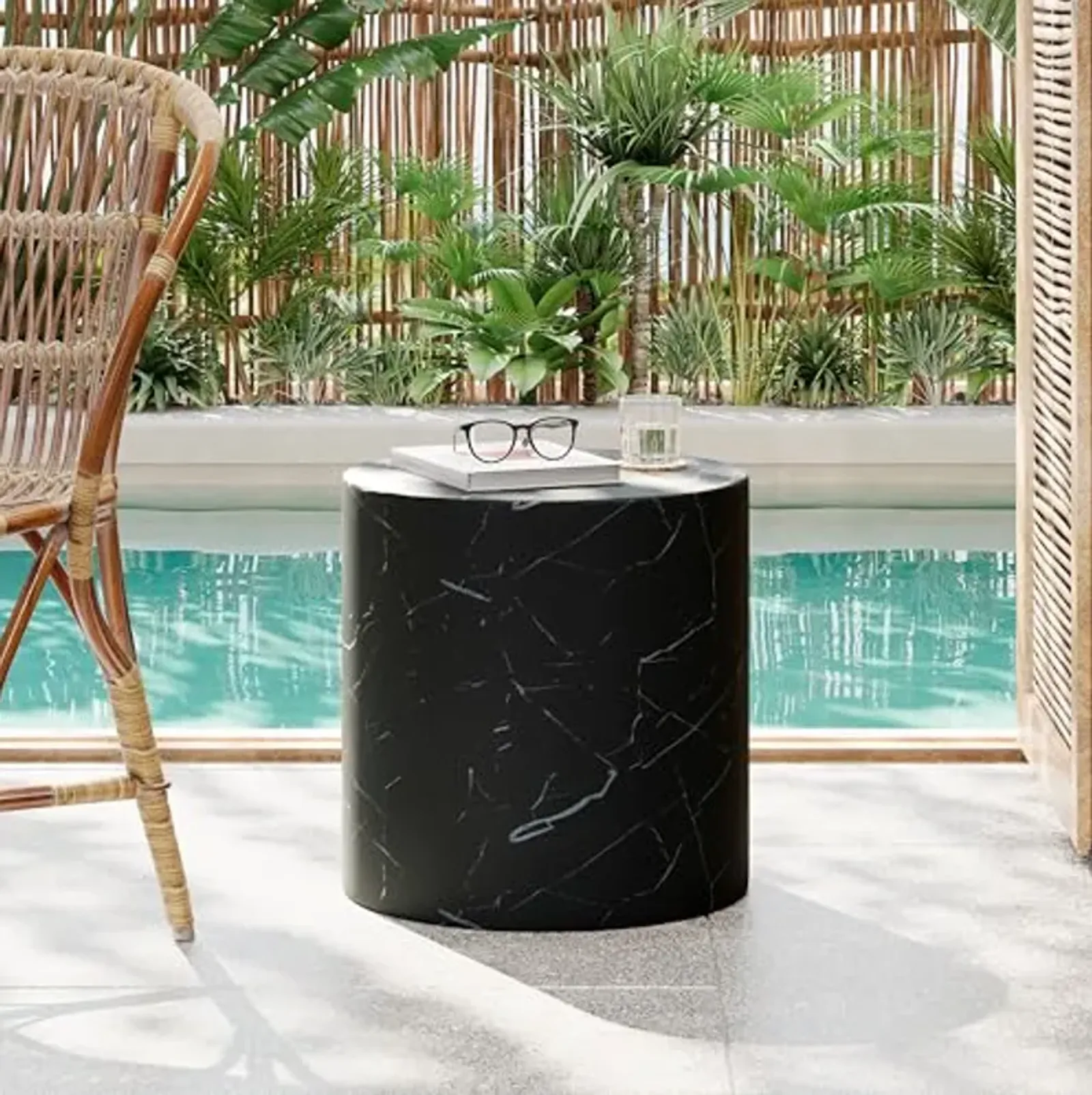 Christopher Knight Home Outdoor Round Side Table,Patio Garden Stool End Coffee Table,Decorative Accent Table for Patio,or Balcony,Lightweight Concrete Material,Black Marble