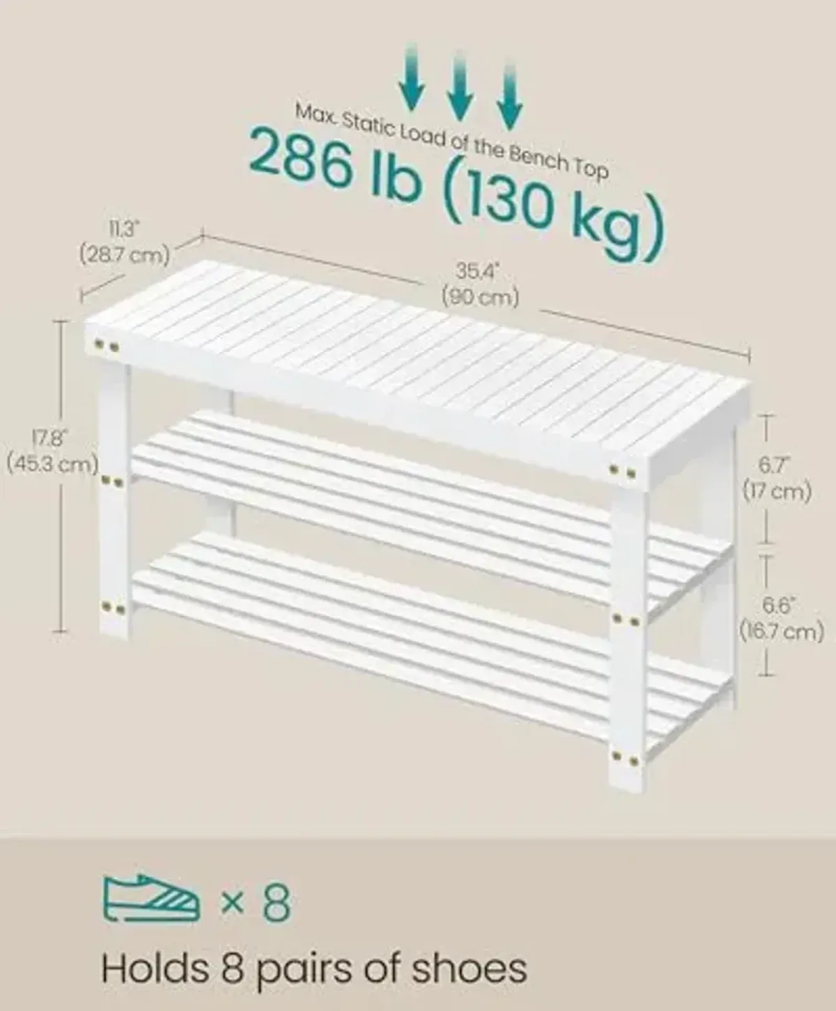 SONGMICS Shoe Rack Bench, 3-Tier Bamboo Shoe Storage Organizer, Entryway Bench, Holds Up to 286 lb, 11.3 x 35.4 x 17.8 Inches, for Entryway Bathroom Bedroom, Cloud White ULBS090W01