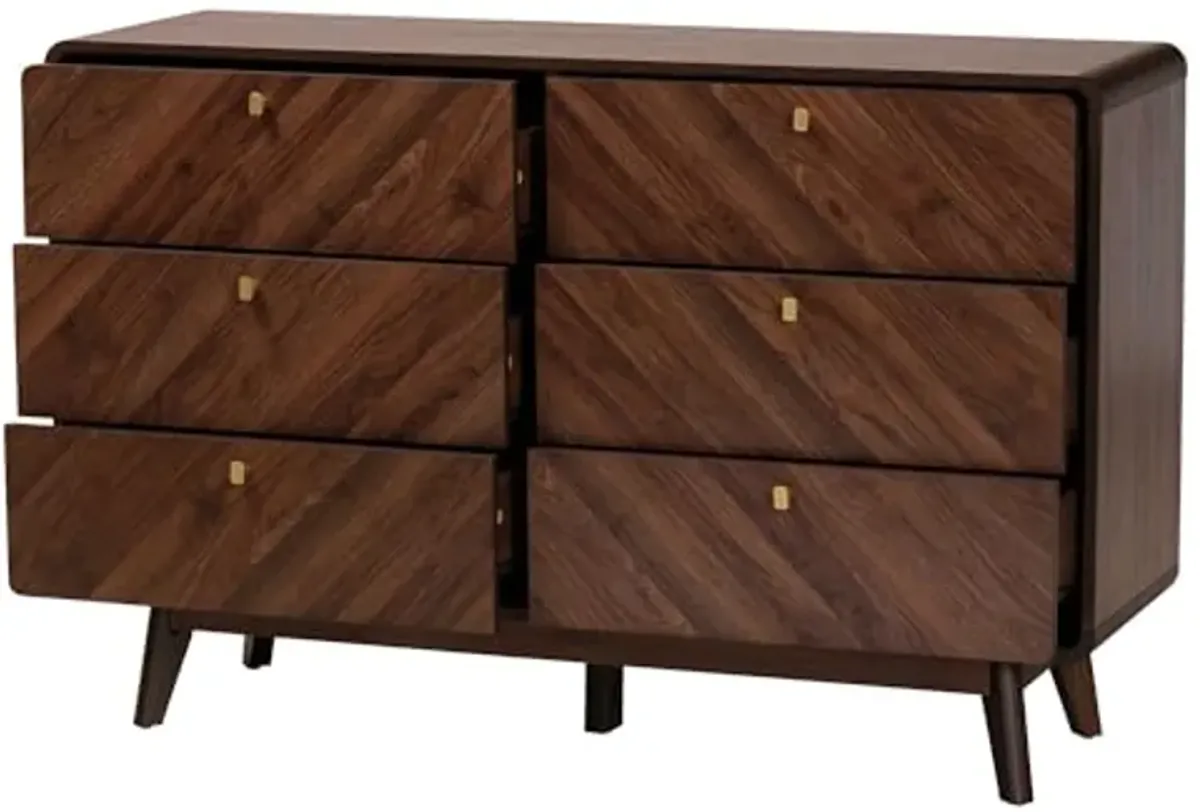 Baxton Studio Markell Mid-Century Modern Transitional Walnut Brown Finished Wood 6-Drawer Dresser