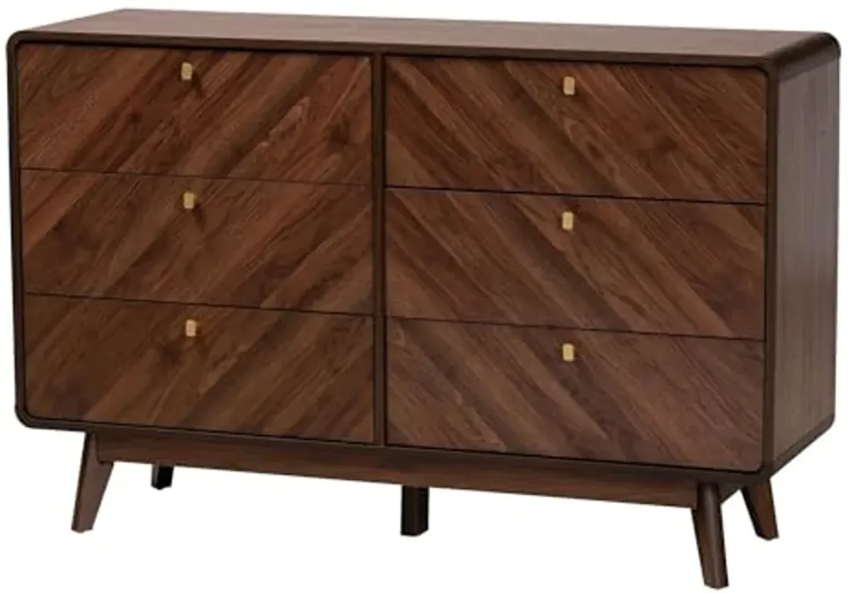 Baxton Studio Markell Mid-Century Modern Transitional Walnut Brown Finished Wood 6-Drawer Dresser