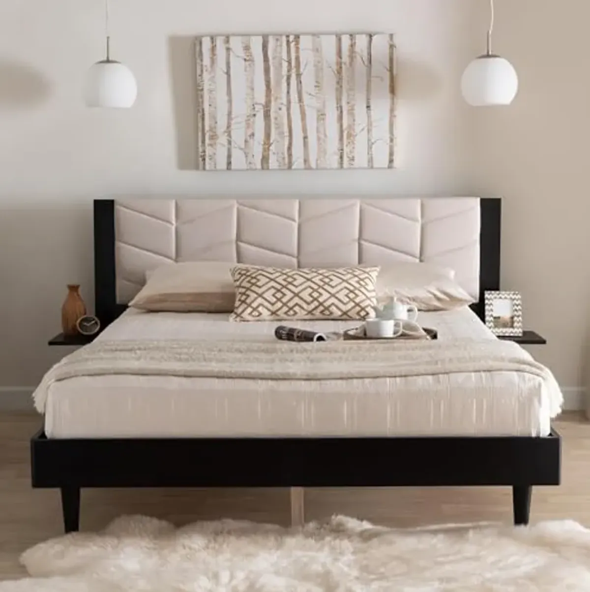 Baxton Studio Adriano Transitional Beige Fabric and Black Wood Queen Size Bed with Built-in Side Tables