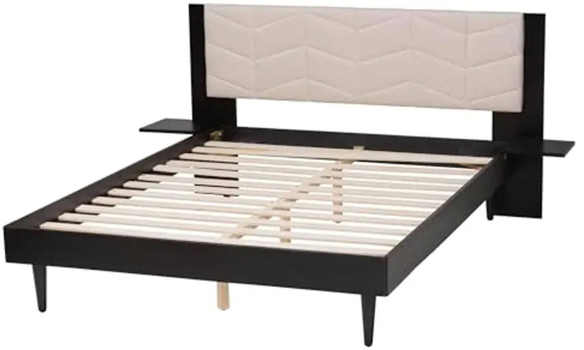 Baxton Studio Adriano Transitional Beige Fabric and Black Wood Queen Size Bed with Built-in Side Tables