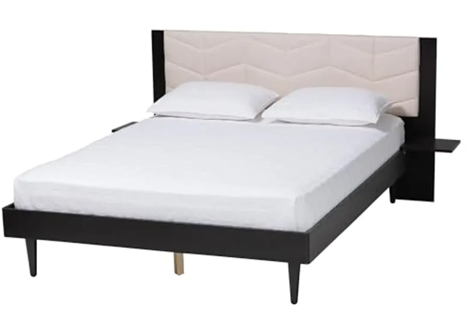 Baxton Studio Adriano Transitional Beige Fabric and Black Wood Queen Size Bed with Built-in Side Tables