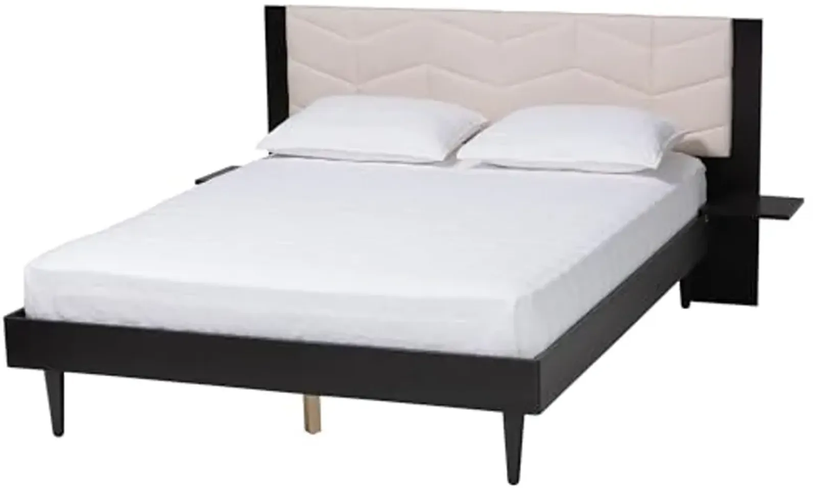 Baxton Studio Adriano Transitional Beige Fabric and Black Wood Queen Size Bed with Built-in Side Tables