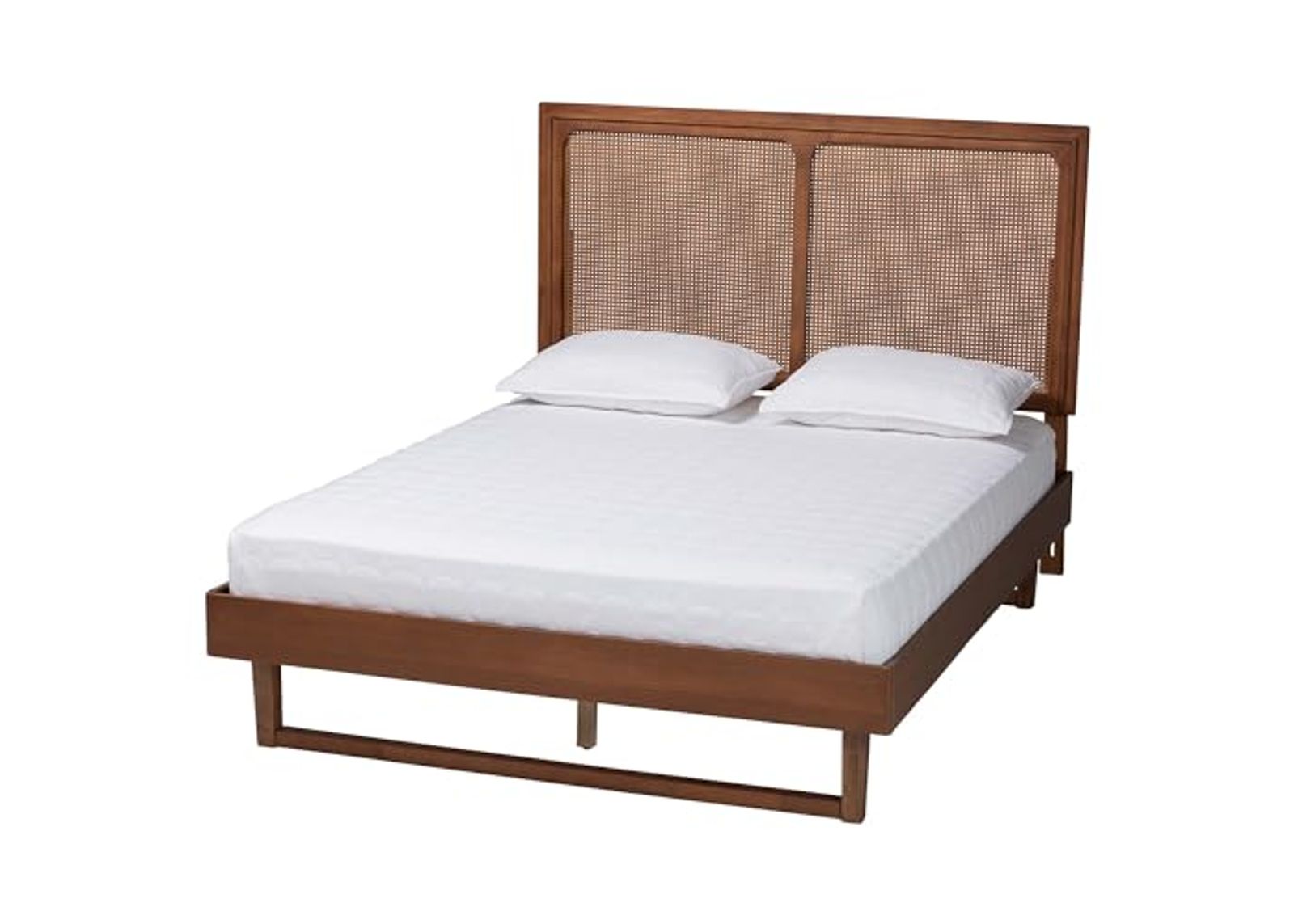 Baxton Studio Rondell Mid-Century Modern Ash Walnut Woven Rattan Queen Size Bed