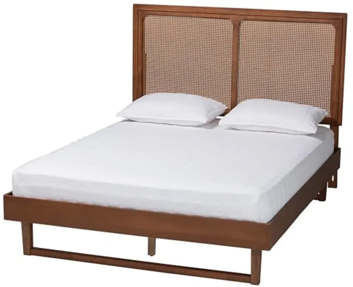 Baxton Studio Rondell Mid-Century Modern Ash Walnut Woven Rattan Queen Size Bed