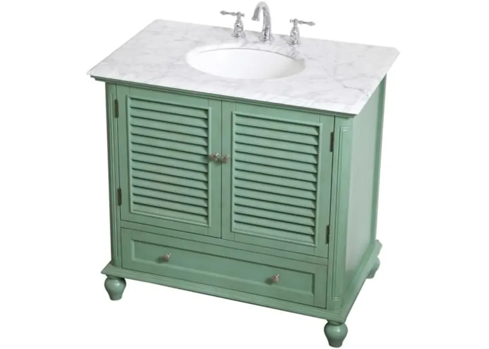 Ergode 36" Single Bathroom Vanity in Vintage Mint-Carrara White Marble Countertop, Brushed Nickel Hardware - Rhodes Collection