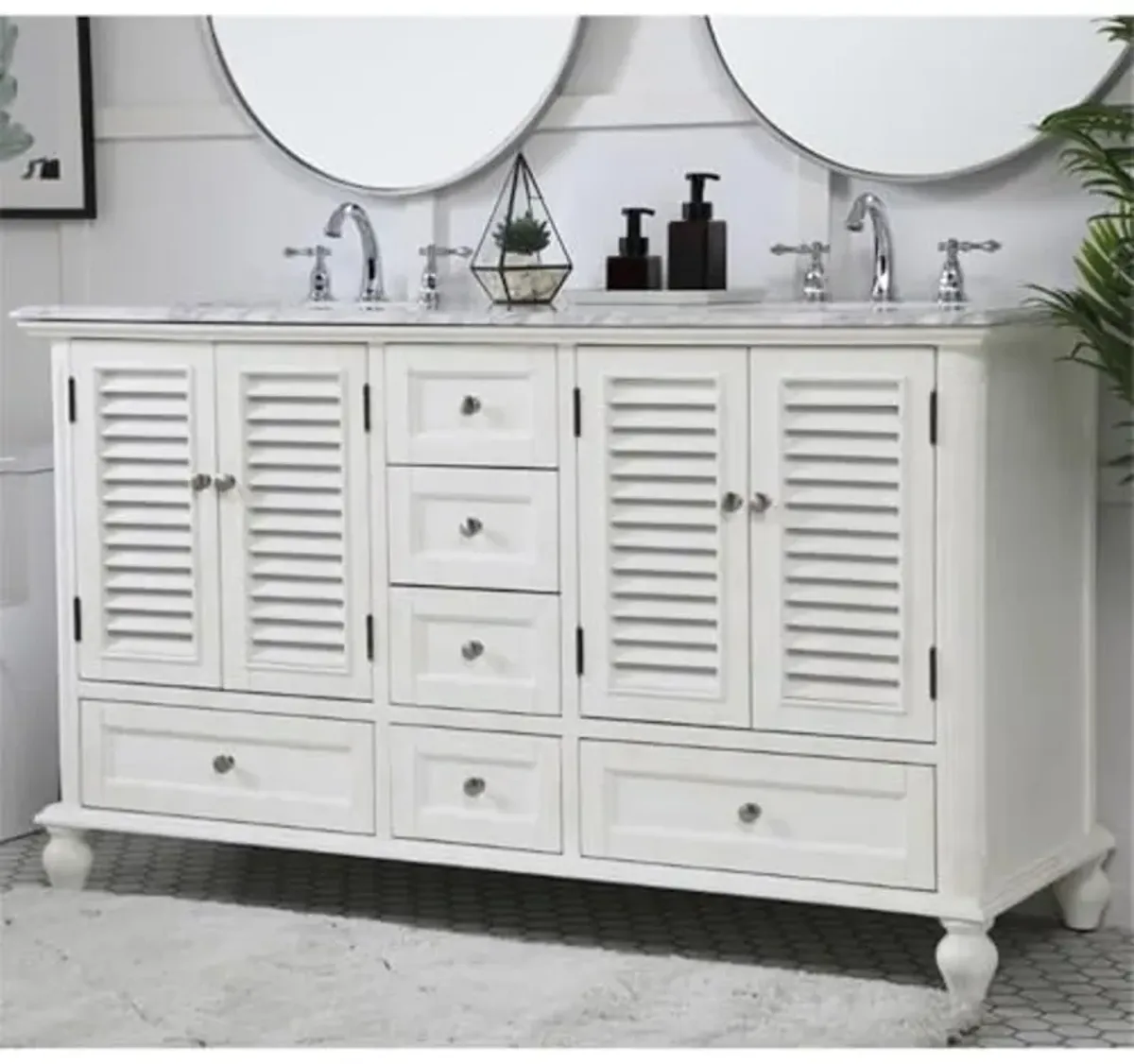 Ergode 60 inch Double Bathroom Vanity in Antique White-Carrara White Marble Countertop, Brushed Nickel Hardware, Solid Wood Construction