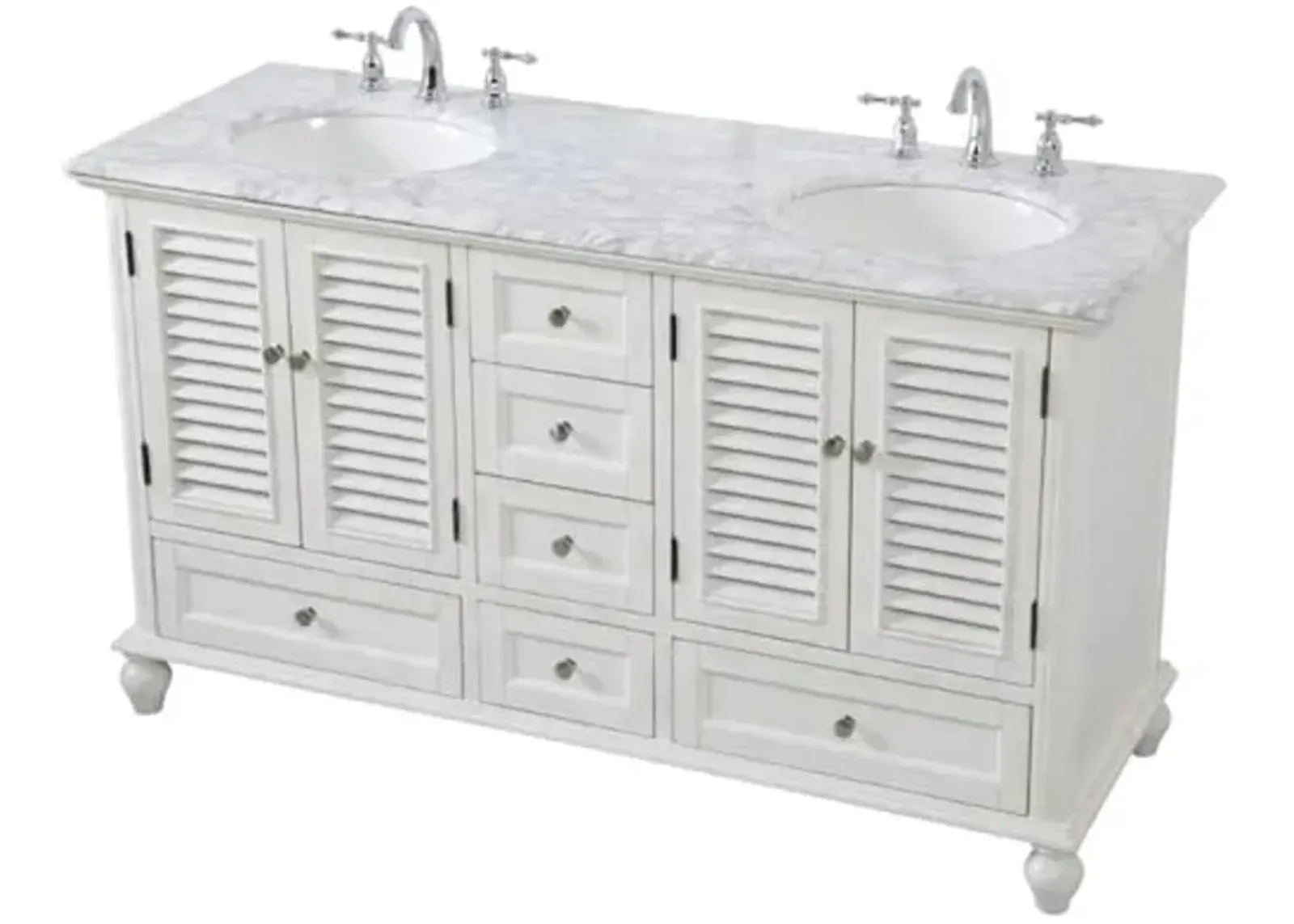 Ergode 60 inch Double Bathroom Vanity in Antique White-Carrara White Marble Countertop, Brushed Nickel Hardware, Solid Wood Construction