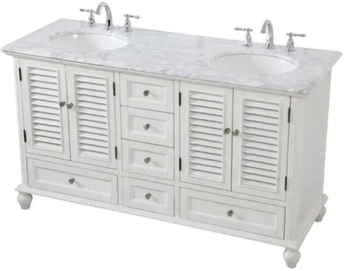 Ergode 60 inch Double Bathroom Vanity in Antique White-Carrara White Marble Countertop, Brushed Nickel Hardware, Solid Wood Construction