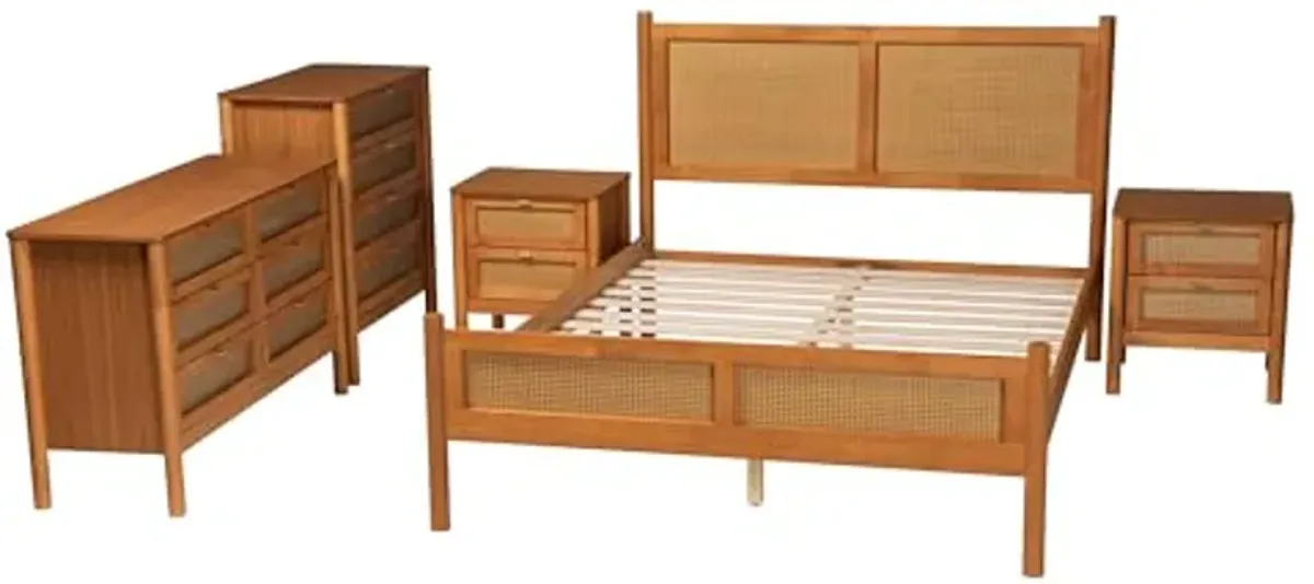 Baxton Studio Jenn Wood Finished Bedroom Set, 5-Piece, Queen, Golden Brown/Distressed Rattan