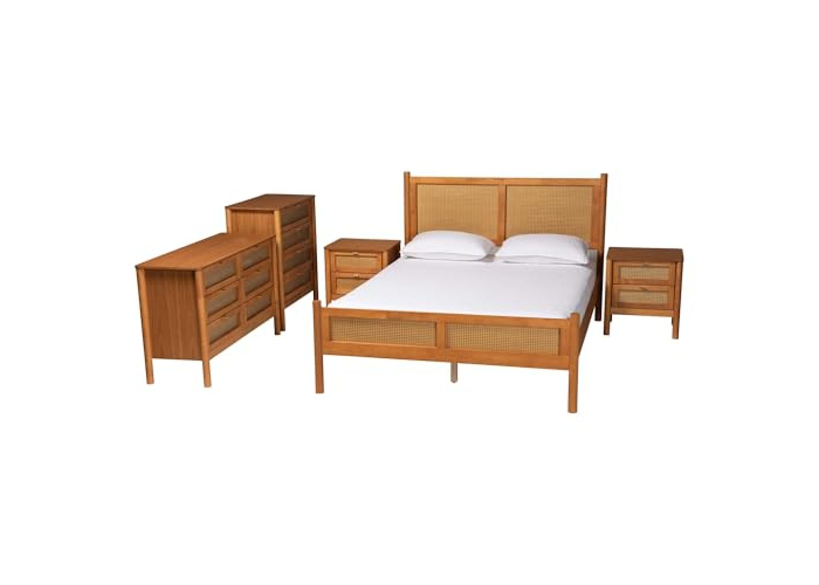 Baxton Studio Jenn Wood Finished Bedroom Set, 5-Piece, Queen, Golden Brown/Distressed Rattan