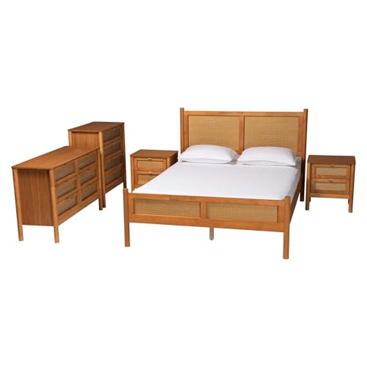 Baxton Studio Jenn Bedroom Set with Distressed-Finished Rattan, 5-Piece, Queen, Golden Brown