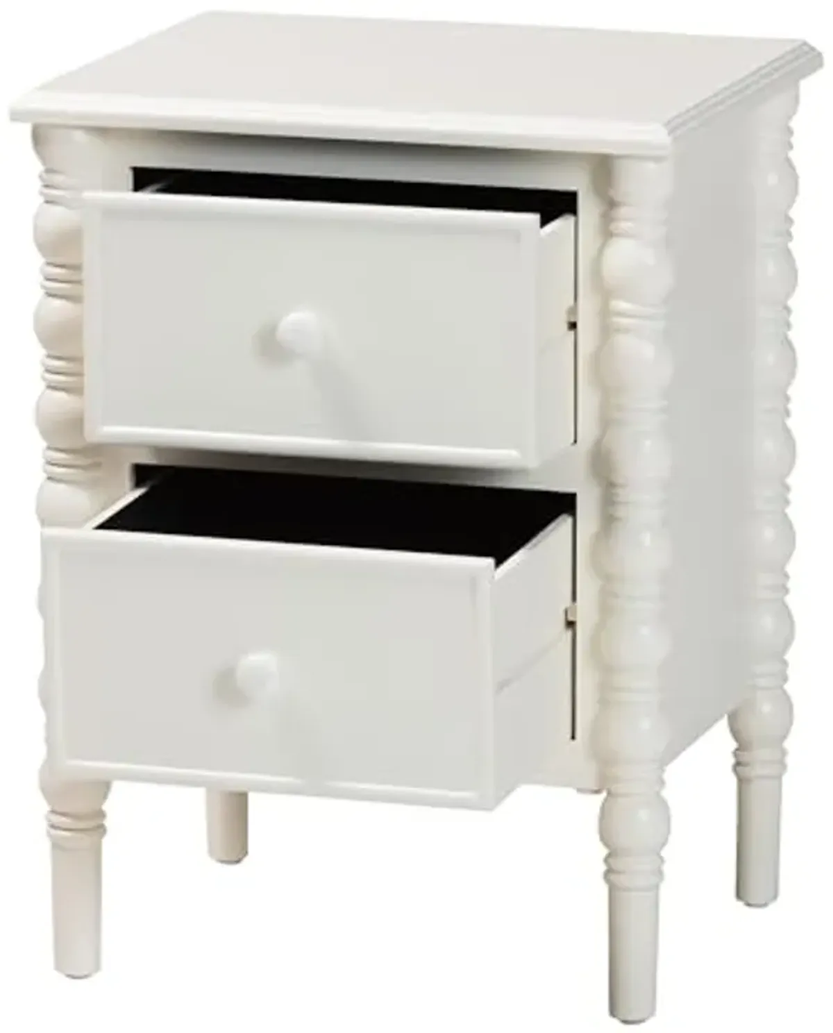 Baxton Studio Malinda End Table with Spindle Legs, 2-Drawer, White