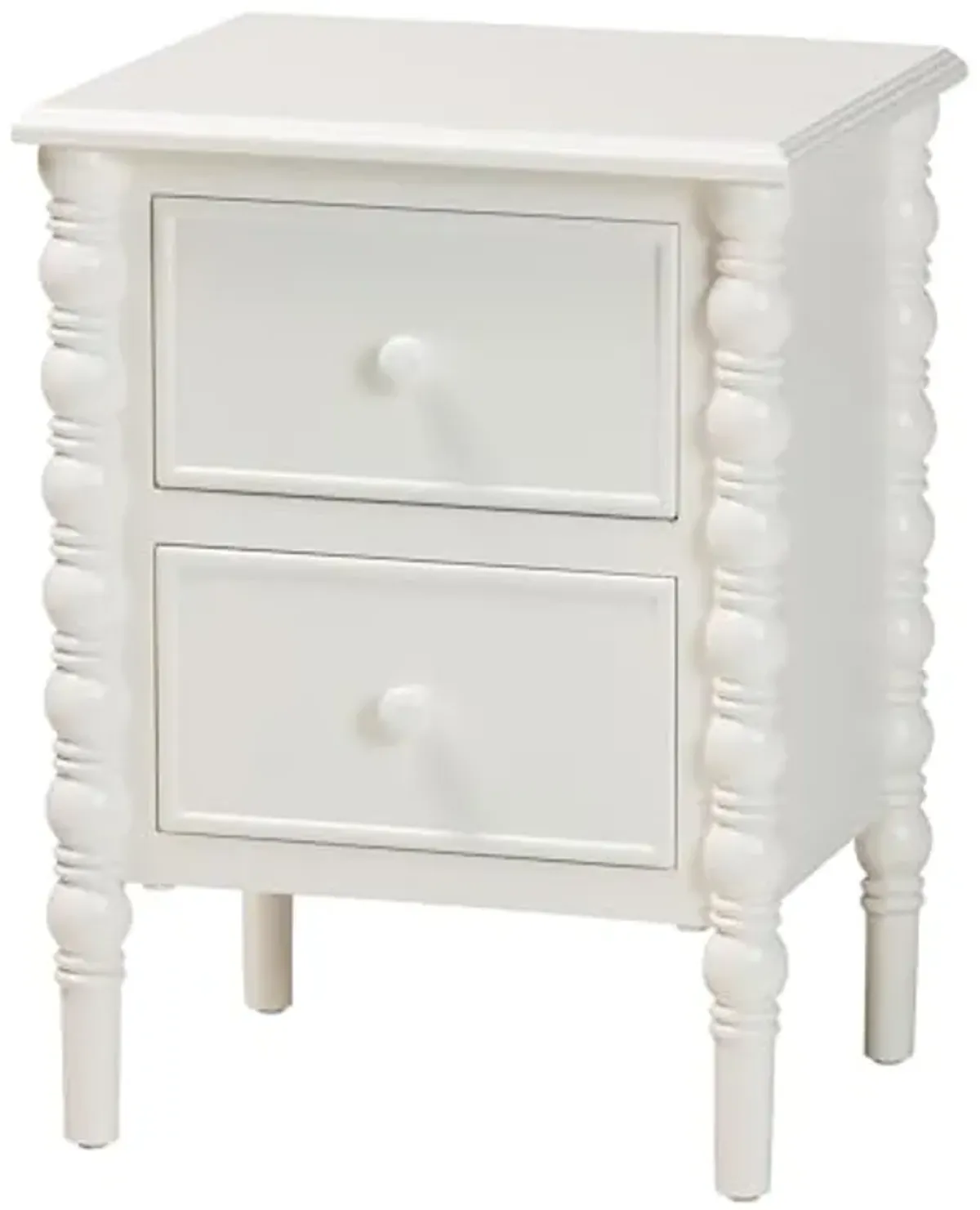 Baxton Studio Malinda End Table with Spindle Legs, 2-Drawer, White