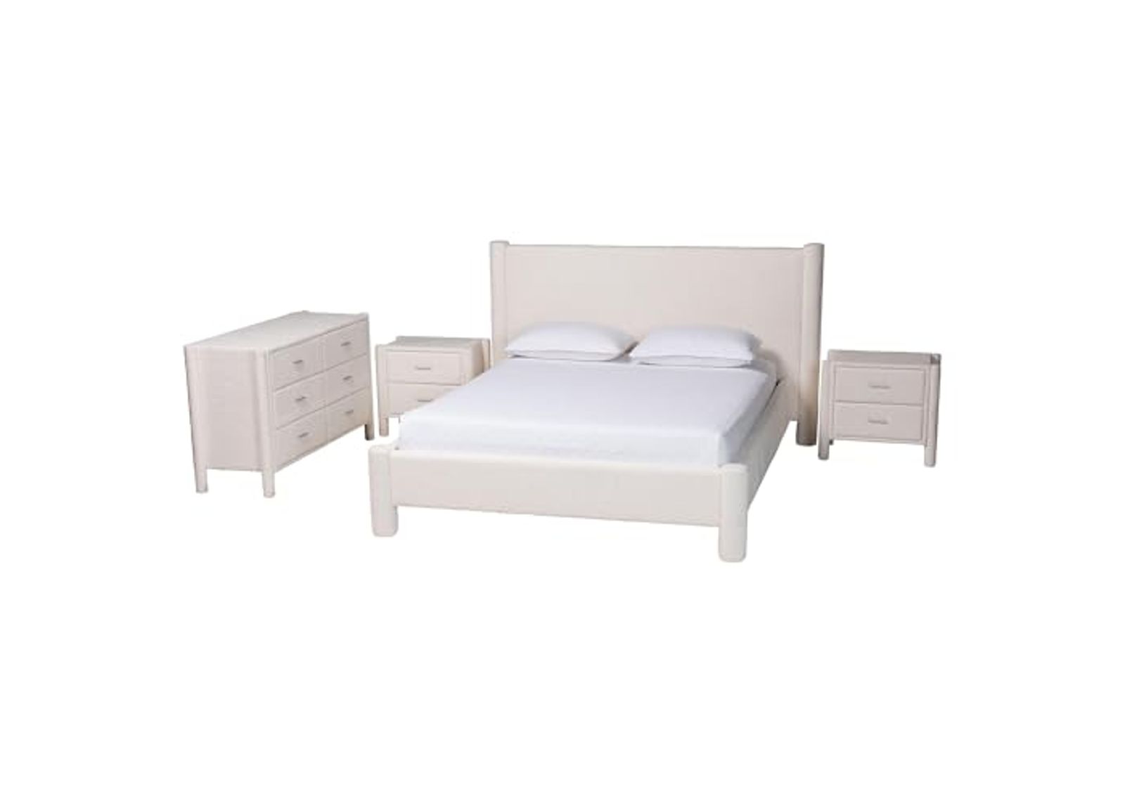 Baxton Studio Laria Teddy-Bear Fabric Bedroom Set, 4-Piece, Queen, White