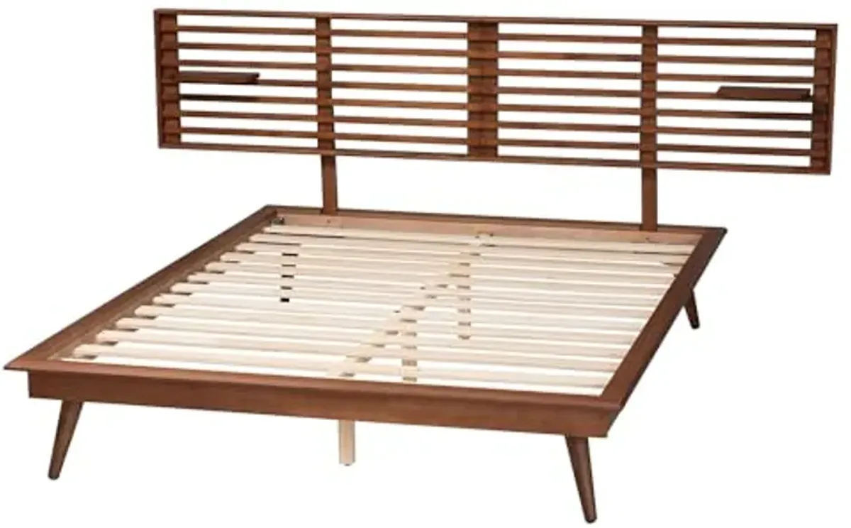 Baxton Studio Elvina Wood Platform Bed with Built-in Shelves, King, Ash Walnut Finished