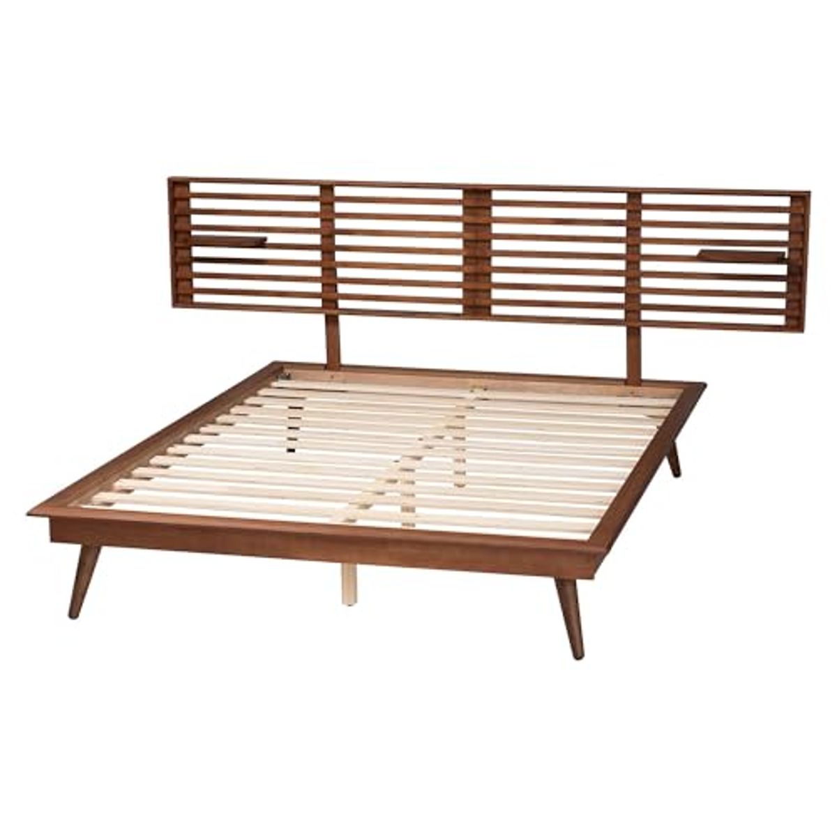 Baxton Studio Elvina Wood Platform Bed with Built-in Shelves, King, Ash Walnut Finished