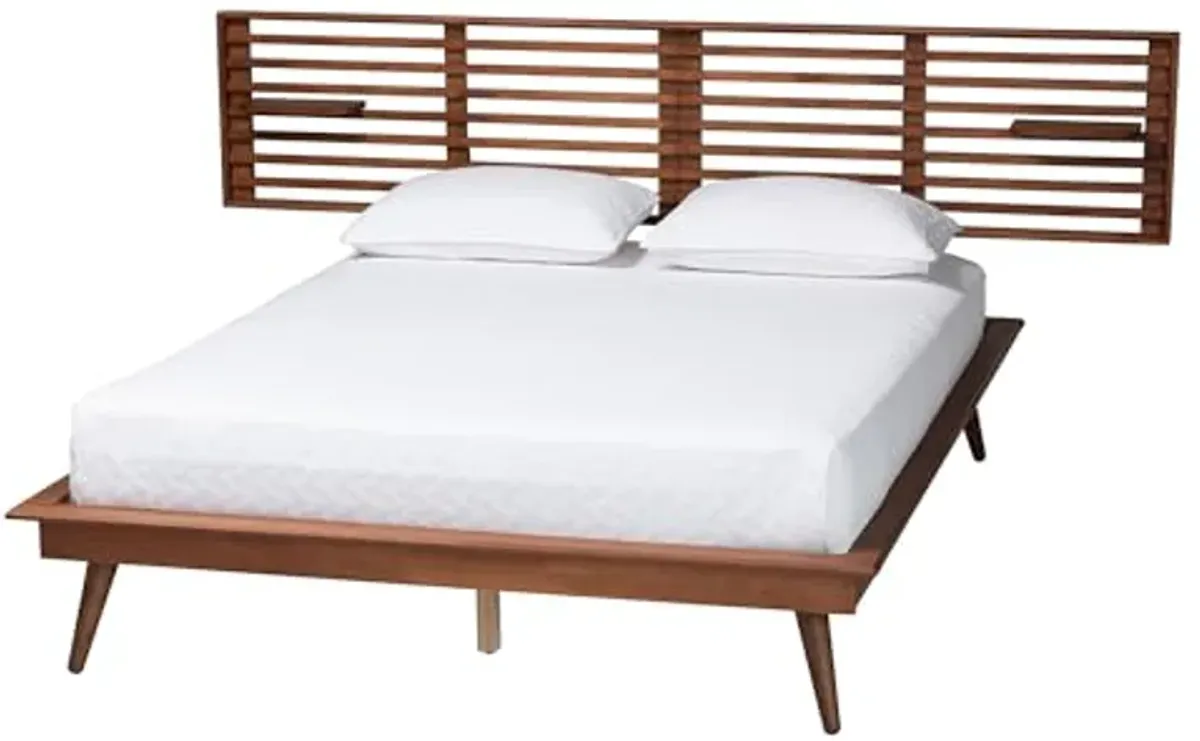 Baxton Studio Elvina Wood Platform Bed with Built-in Shelves, King, Ash Walnut Finished