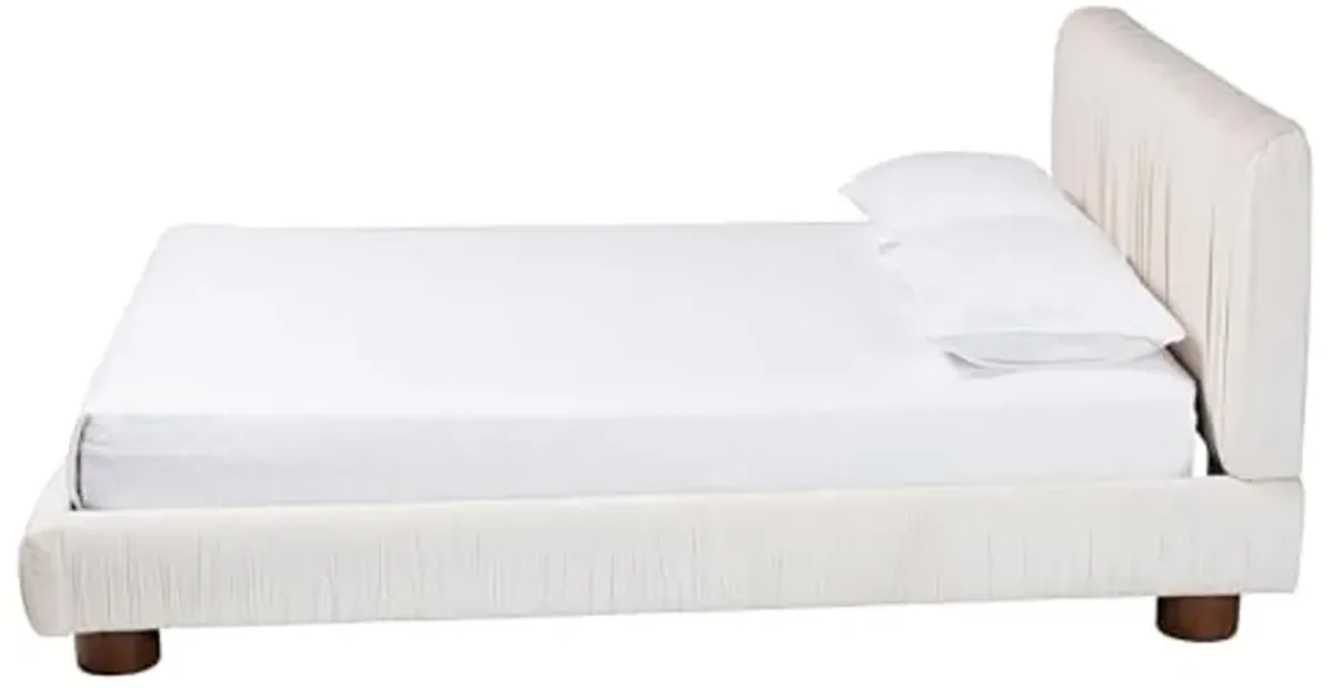 Baxton Studio Emsley Pleated Velvet Platform Bed, Queen, Ivory