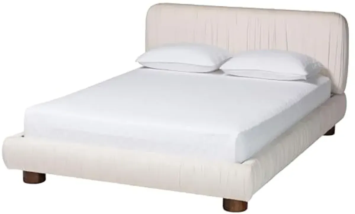 Baxton Studio Emsley Pleated Velvet Platform Bed, Queen, Ivory