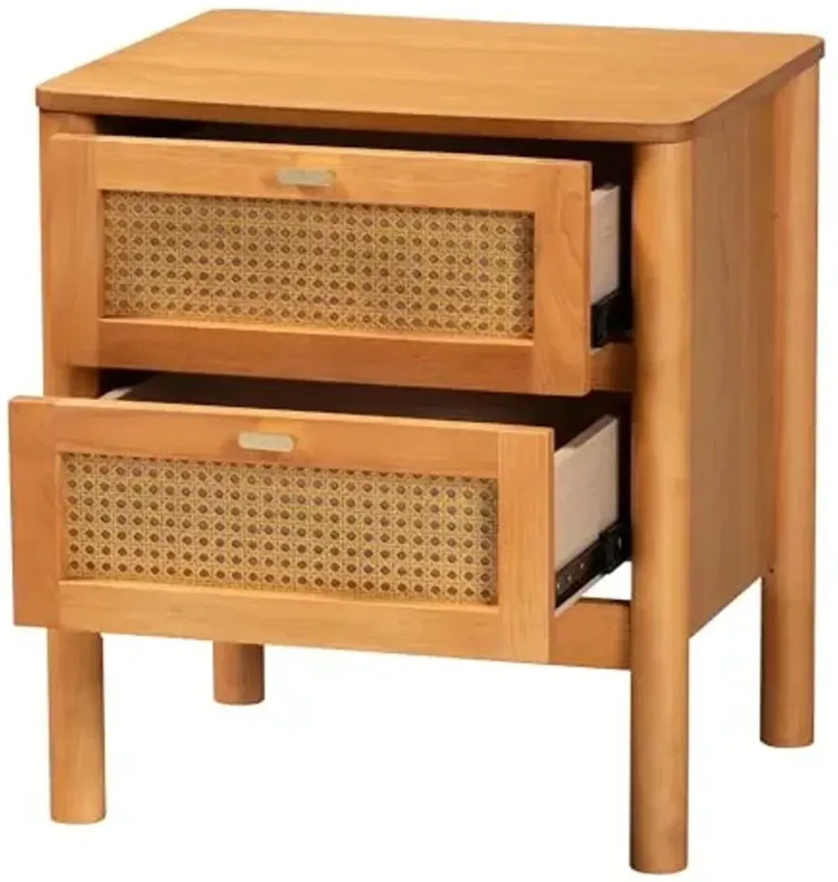 Baxton Studio Jenn Nightstand with Distressed-Finished Rattan, 2-Drawer, Golden Brown