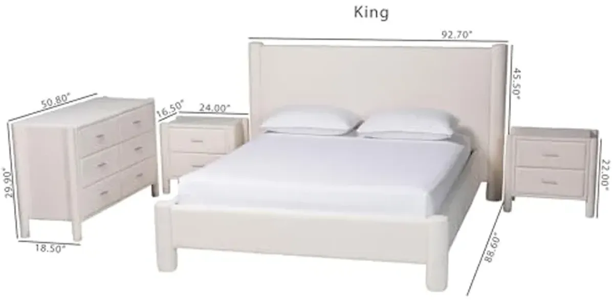 Baxton Studio Laria Teddy-Bear Fabric Bedroom Set, 4-Piece, King, White