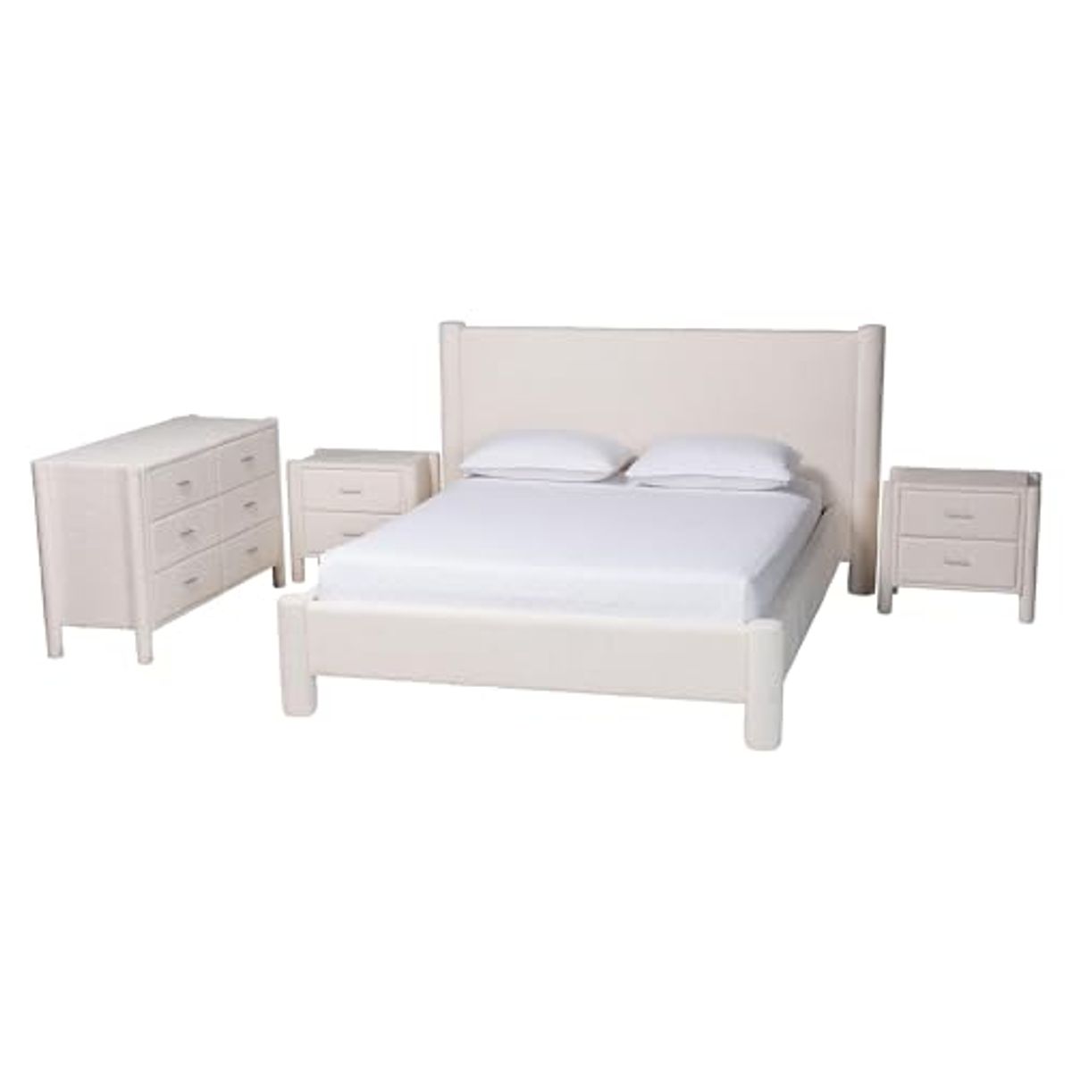 Baxton Studio Laria Teddy-Bear Fabric Bedroom Set, 4-Piece, King, White