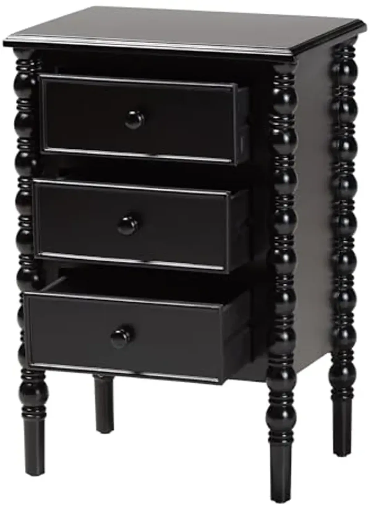 Baxton Studio Malinda End Table with Spindle Legs, 3-Drawer, Black