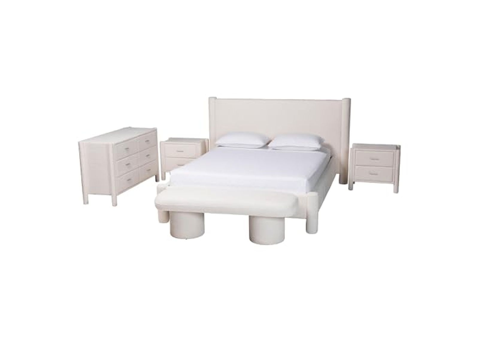 Baxton Studio Laria Teddy-Bear Fabric Bedroom Set, 5-Piece, King, White