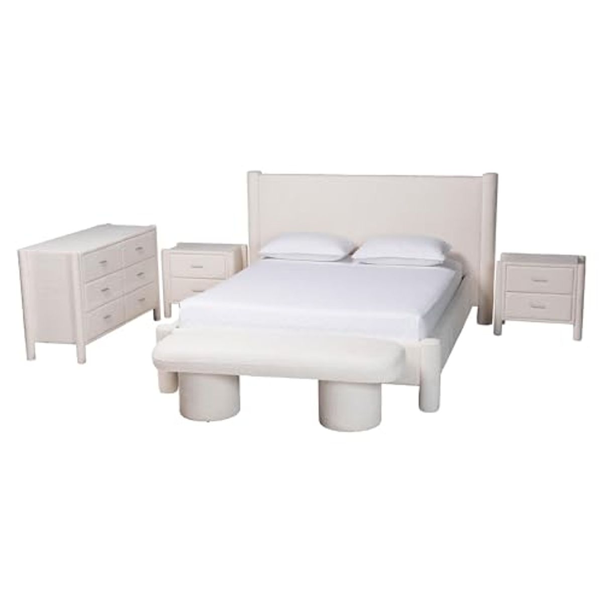 Baxton Studio Laria Teddy-Bear Fabric Bedroom Set, 5-Piece, King, White